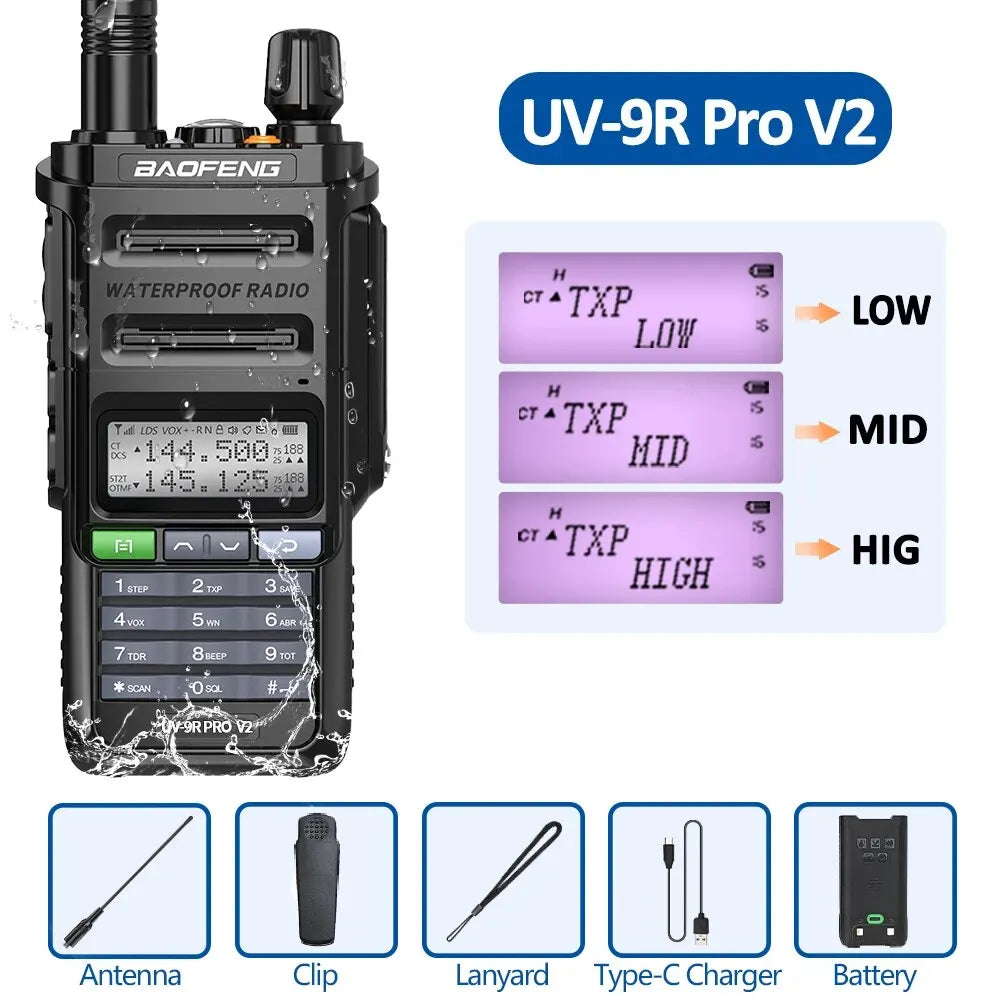 Baofeng UV 9R Pro V2 IP68 Waterproof Walkie Talkie Tri-Power Type-C Charger Dual Band Ham CB Radio Two Way Radio of UV 9R Plus