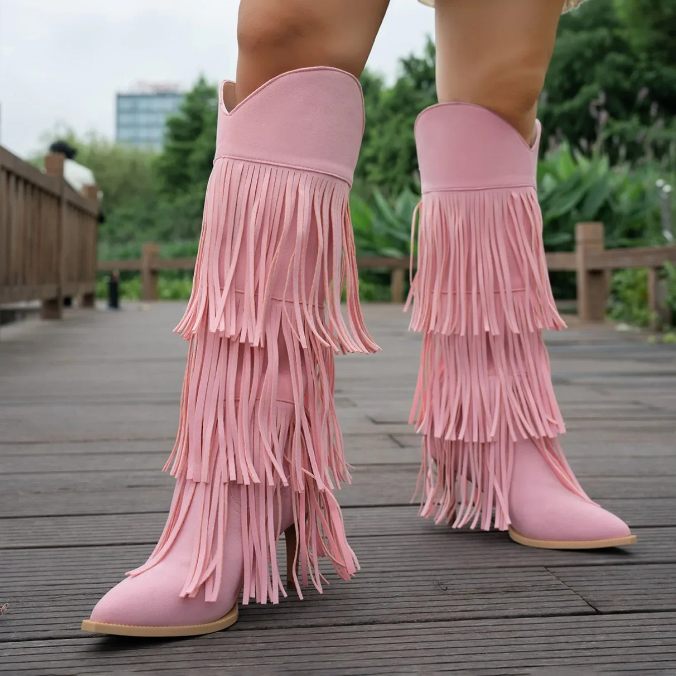 Women Boots Tassel Pointed Toe Thin Heels Women's Boots Suede Multi Fringe Knee High Boots Street-Style Party Fashion Shoes