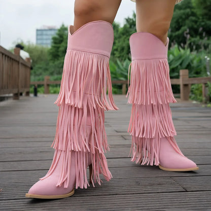 Women Boots Tassel Pointed Toe Thin Heels Women's Boots Suede Multi Fringe Knee High Boots Street-Style Party Fashion Shoes