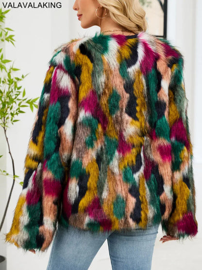 2026 Autumn Winter Color Print Faux Fur Coat Women Casual Long Sleeve Fluffy Plush Jacket O Neck Thick Fake Fur Warm Outwear
