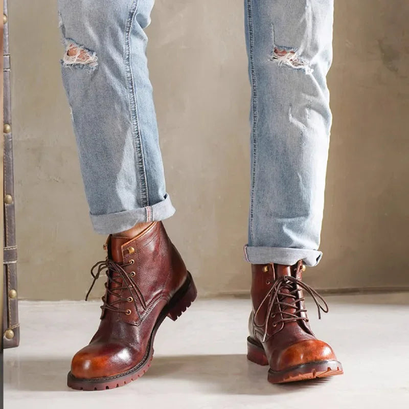 Fashion Men's Genuine Leather Motorcycle Boots British Brogue Shoes High-top Round Toe Mid-calf Chelsea Western Riding Boots