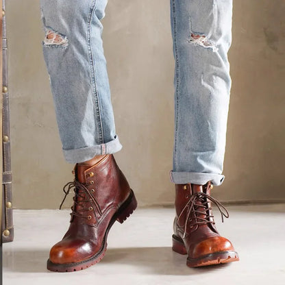 Fashion Men's Genuine Leather Motorcycle Boots British Brogue Shoes High-top Round Toe Mid-calf Chelsea Western Riding Boots