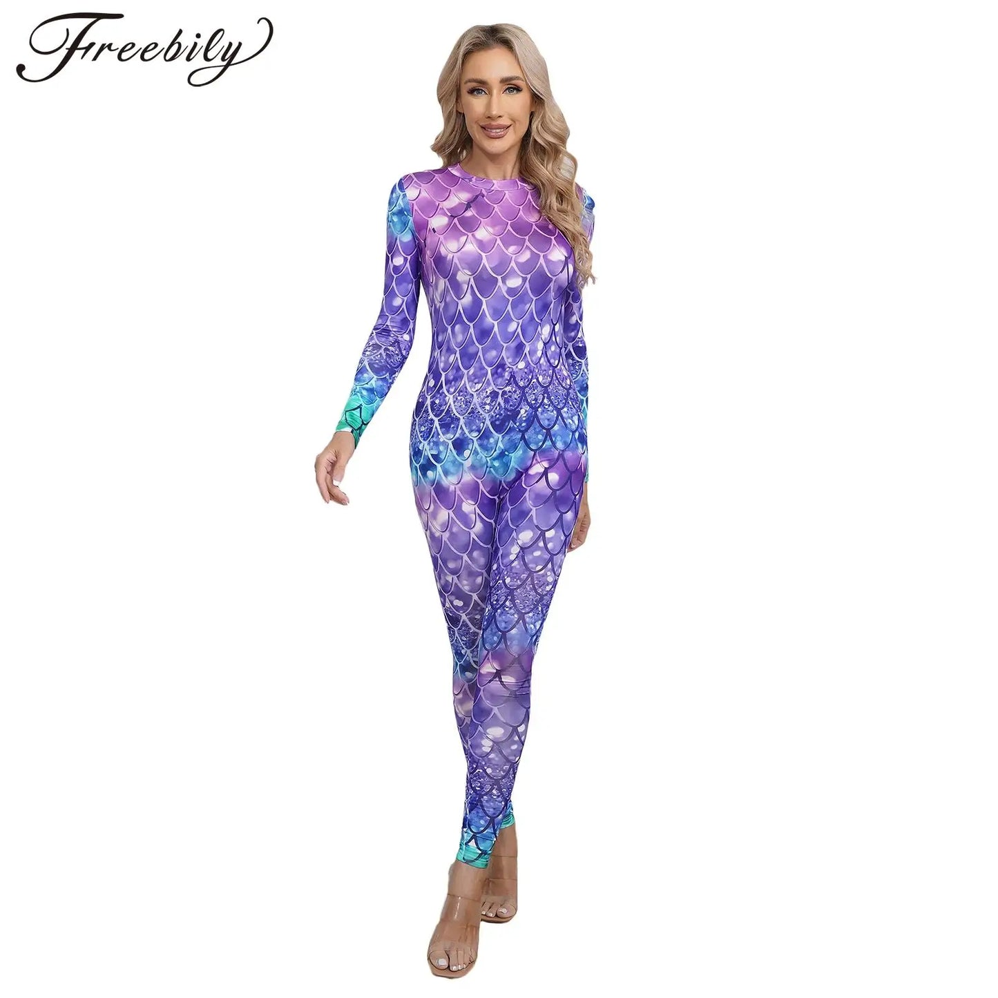 Womens Rash Guard One Piece Swimsuit Mermaid Fish Scale Print Long Sleeve Back Zipper Full Body Tops Sexy Swimwear Jumpsuit