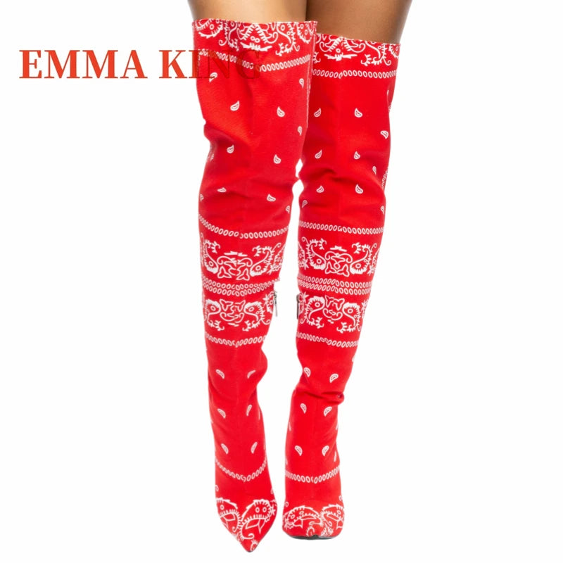 Autumn Winter Women Thigh High Boots Bandana Prints Bad Girl Heels Shoes Pointy Toe Silk Stiletto Botas Altas Mujer Size 35-44