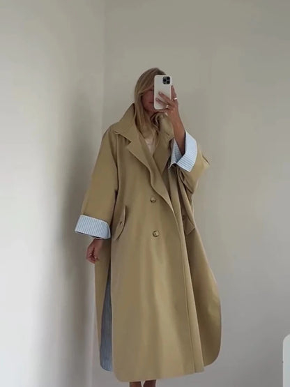 Women Khaki Long Color-block Stripe Trench Coat Wide Lapel Loose Drop Shoulder Blue Lining Slit Windbreaker Commute Outing Coats