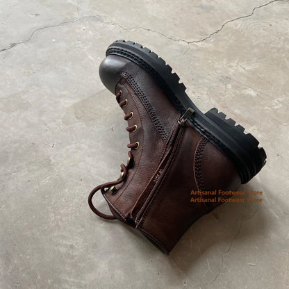 Vintage Thick-Soled Zipper Boots for Men Genuine Leather High-Top Brown Leather Trendy Handmade British Style Men's Boots