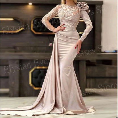Graceful Women's Mermaid Modern Evening Dresses Charming Lace 3D Flowers Customized Prom Gowns Pleated فساتين للمناسبات الرسمية