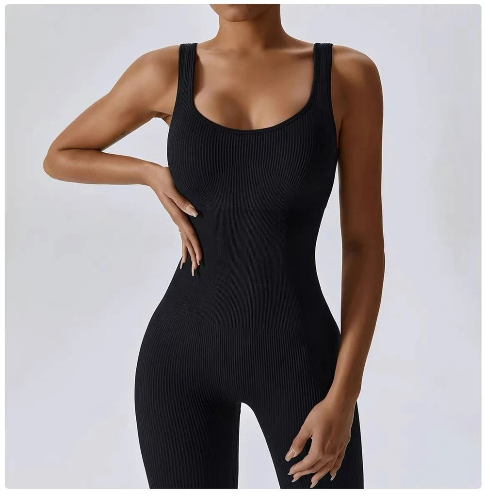 Womens Jumpsuits Sleeveless Yoga Slim Fit Stretch Screw Thread One Piece Romper Sexy Fitness Female Pink Sportwears Chest Pads