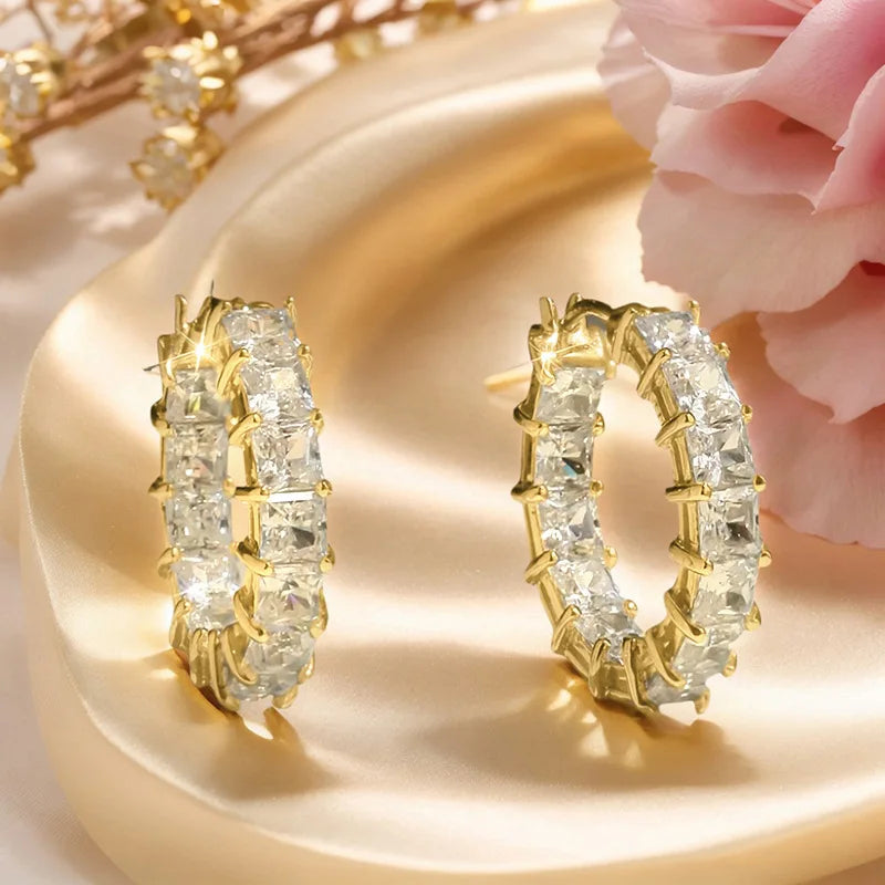 Princess Square Cubic Zirconia Hoop Earrings Luxury Trendy Ear Circle Earrings for Women Fashion Versatile Female Jewelry Gifts