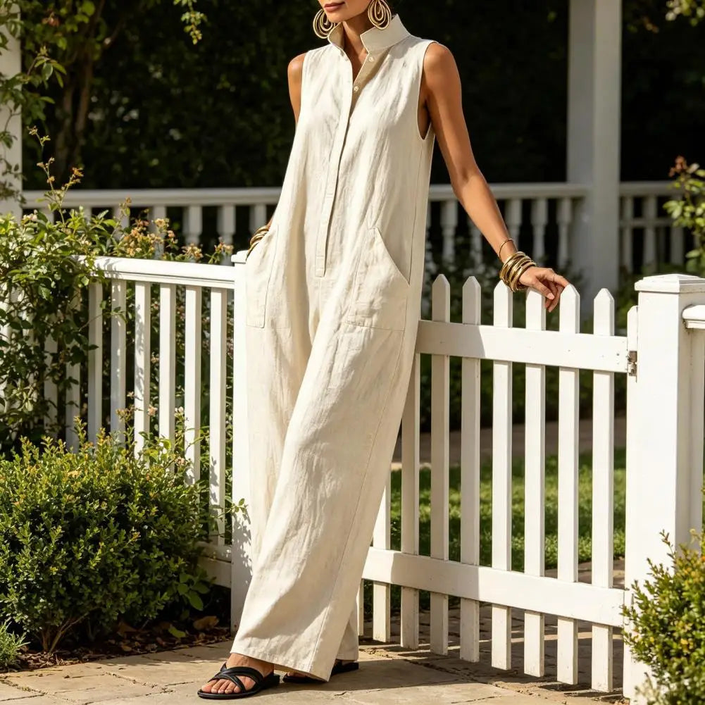 Elegant Women's Sleeveless Linen Blend Jumpsuit Button Down Collared Romper Casual Loose Summer Beach Vacation Boho Jumpsuits
