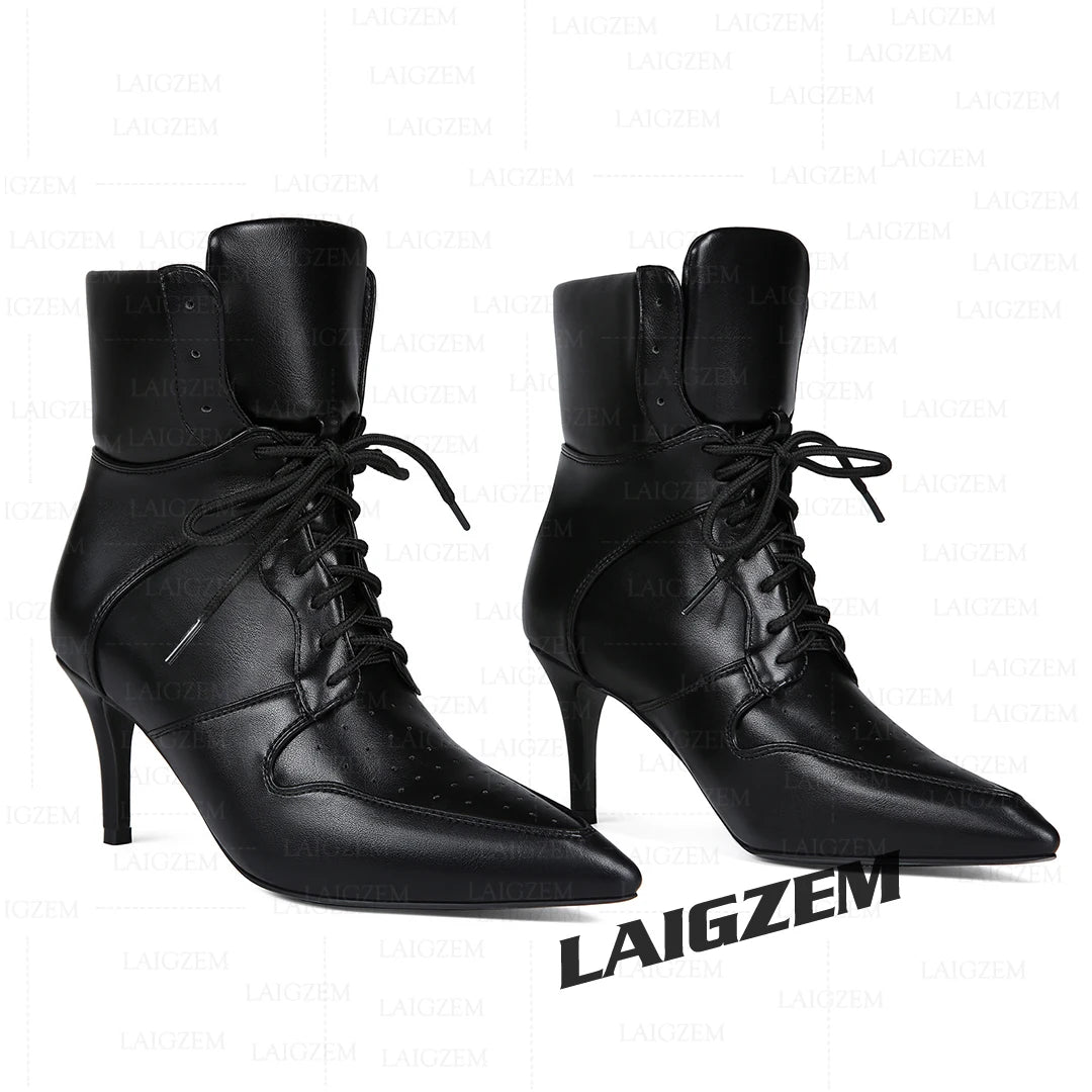 LAIGZEM Women Ankle Boots 7.5CM Thin High Heels Short Boots Lace up Faux leather Ladies Shoes Woman Large Size 38 41 45 47