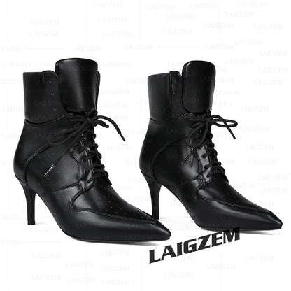 LAIGZEM Women Ankle Boots 7.5CM Thin High Heels Short Boots Lace up Faux leather Ladies Shoes Woman Large Size 38 41 45 47