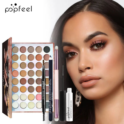 Essential Eye Makeup Set for Beginners Matte&Shimmer Eyeshadow Palette, Mascara, Eyebrow Pencil, Lip Eyeliner,Brush Tool Set Box