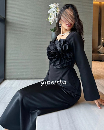 Customized Jersey Flower Ruched Celebrity A-line Square Neck Bespoke Occasion Gown Midi Dresses