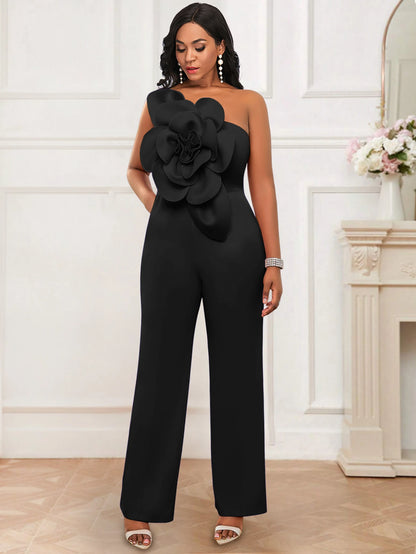 Women One Shoulder Jumpsuit Big Flowers Long Sexy Backless High Waist  Wide Leg Straight One Piece Classy Evening Party Rompers