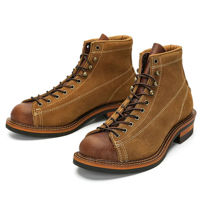 European and American Short Face Top Layer Cowhide Men's Motorcycle Work Boots Retro Leather Short Boots