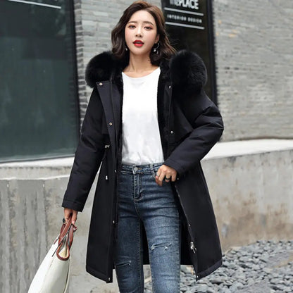 Winter Women Jacket Furry Hood Cotton Jacket Plus Size Zipper And Button Closure Plush Lining Cotton Coat Windproof Warm Coat