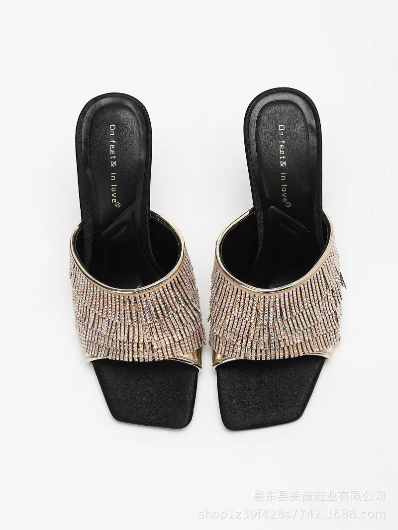 Sexy Rhinestone Designer Thin Heeled Slippers Women Open Toe 2026 New Elegant Party Dress Shoes Tassel Luxury High Heels Sandals
