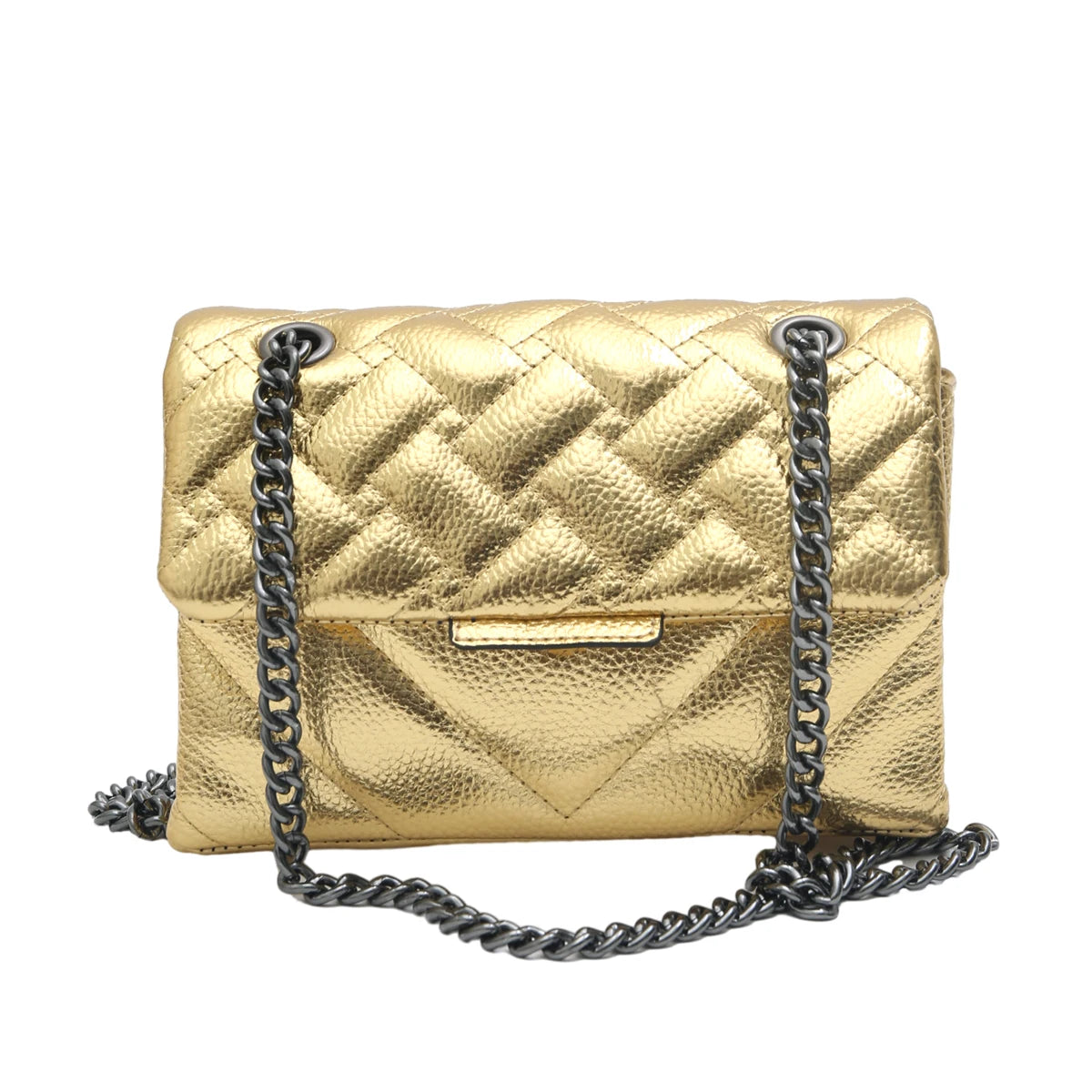 Women Fashion Metallic PU Vegan Leather Handbag Luxury Quilted Flap Messenger Shoulder Bag Long Chain Purse Daily Casual Travel