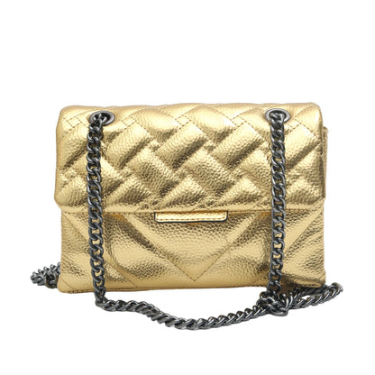 Women Fashion Metallic PU Vegan Leather Handbag Luxury Quilted Flap Messenger Shoulder Bag Long Chain Purse Daily Casual Travel