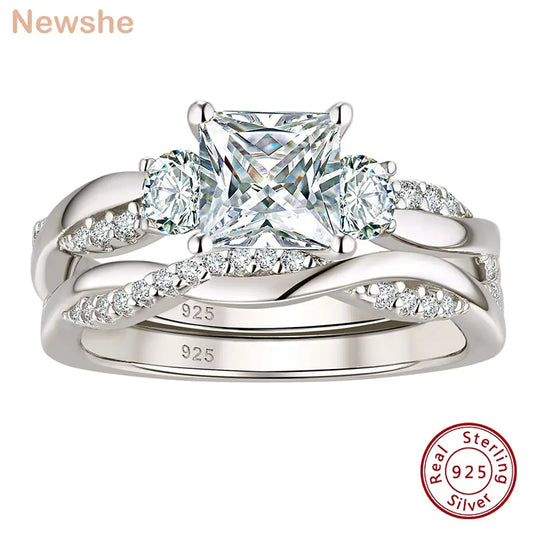 Newshe 925 Sterling Silver Moissanite/Zircons Princess Cut Eternity Engagement Rings Twist Wedding Band Bridal Sets