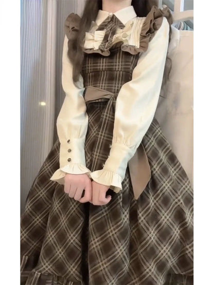 French Vintage Midi Dress Women Casual Evening Party Plaid Dress Office Lady Outwear One Piece Dress Korean Fashion Spring Chic