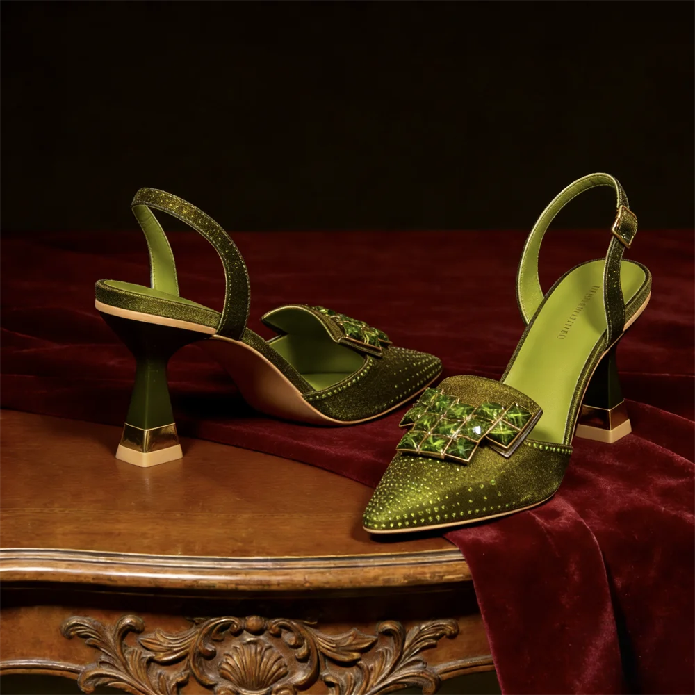 Women Green Satin Slingback High Heels Pointed Toe Emerald Crystal Rhinestone Sandals Wedding Evening Party Formal Dress Pumps