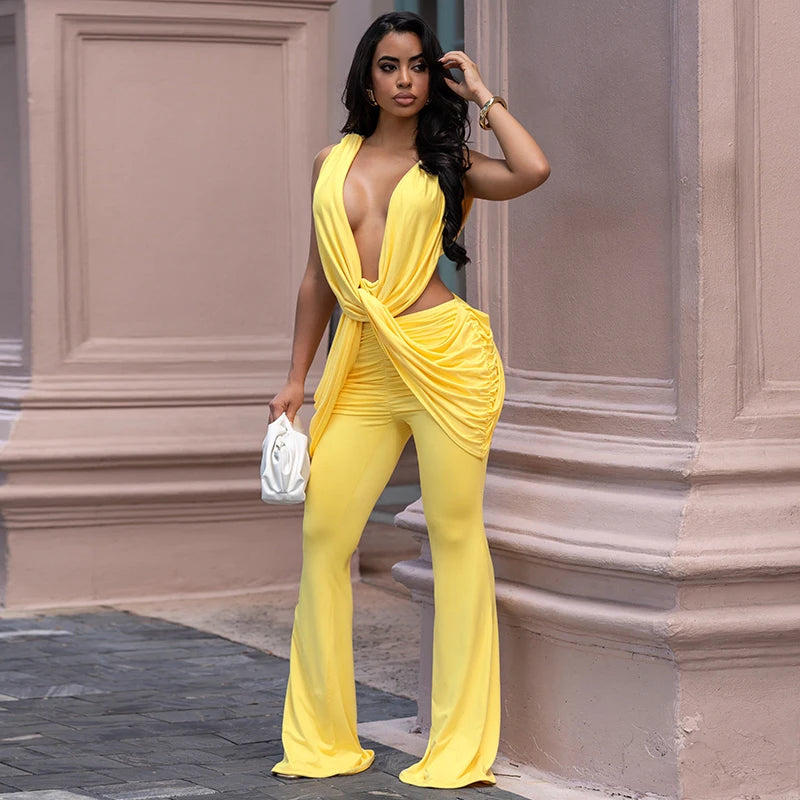 Sexy hot girl solid color layered hanging feeling low neck sleeveless jumpsuit pants