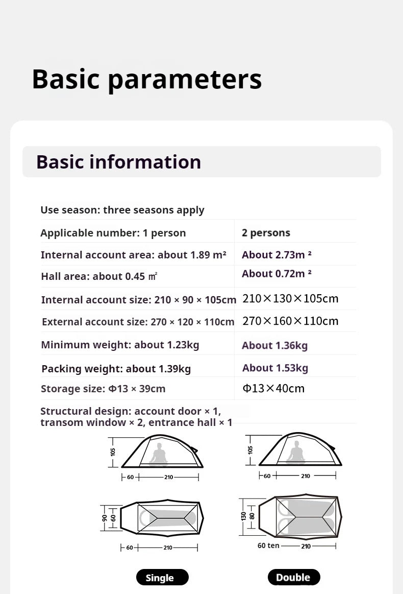Naturehike Cloud Up Pro Tent Ultralight 1.36kg 1-2 Person 20D Waterproof Three Seasons for Camping Outdoor Hiking Backpack Tent