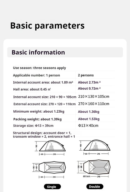 Naturehike Cloud Up Pro Tent Ultralight 1.36kg 1-2 Person 20D Waterproof Three Seasons for Camping Outdoor Hiking Backpack Tent