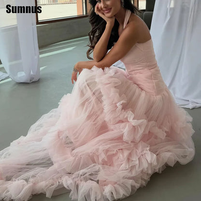 Sumnus Elegant A-Line Evening Dresses Pink Halter Ruched Ruffle Maxi Prom Dress Draped Birthday Princess Dress 2026 Customized