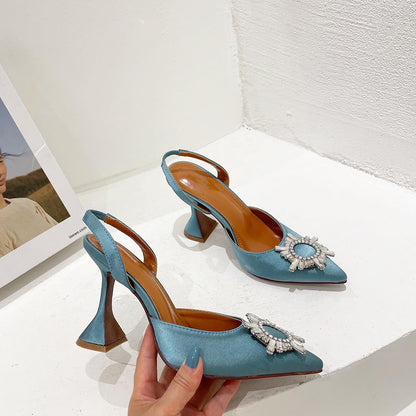 Aneikeh Brand Women Silk High Heels Luxury Crystal Butterfly Knot High Heels Summer Pointed Shoes Triangle Heeled Bride Pumps