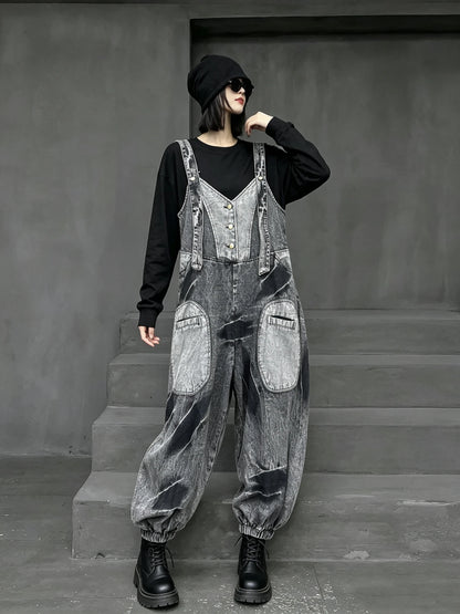 Unique Trendy Cool Distressed Color-blocked Denim Overalls Women Loose Plus-size Stylish One-piece Lantern Pants Autumn LX6298