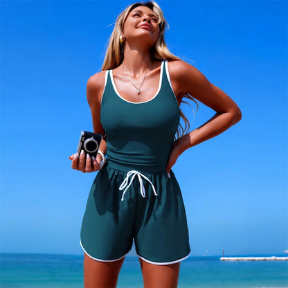 Women One Piece Swimsuit Summer Swimming Jumpsuit Vest Shorts Solid Classical Color Female Deep Neck Bathing Suits Beach 2026