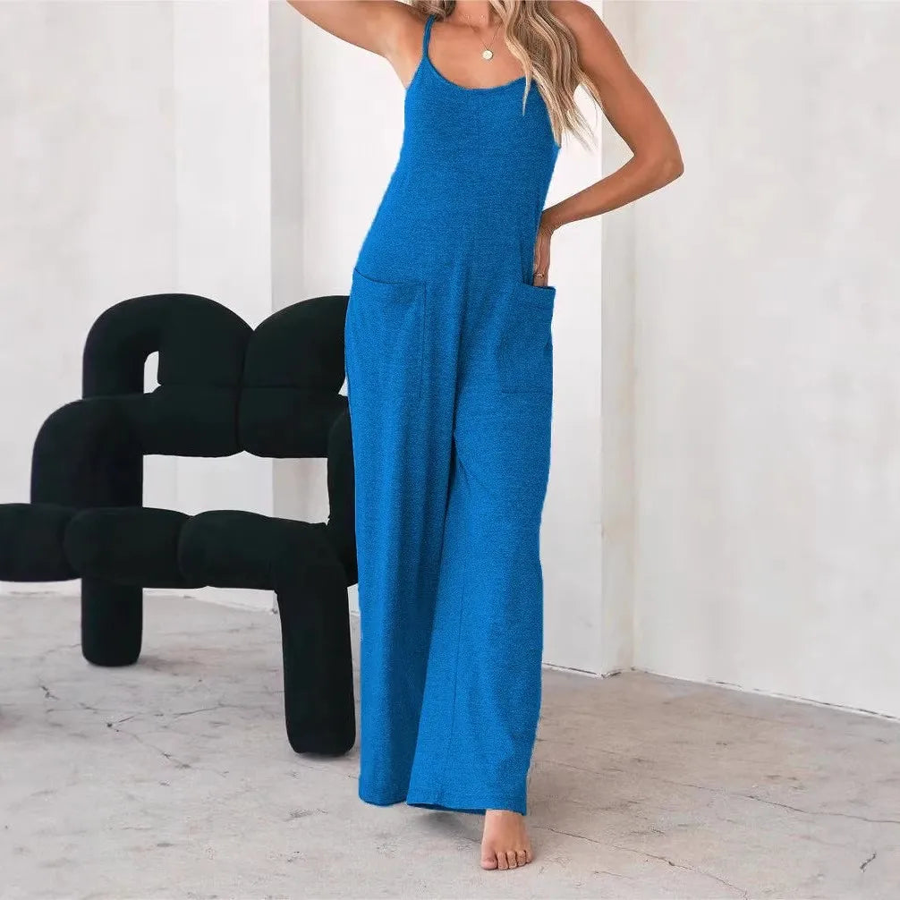 Plus Size Casual Sleeveless Jumpsuit Spaghetti Strap Loose Wide Leg Pocketed Beach Vacation Romper for Women