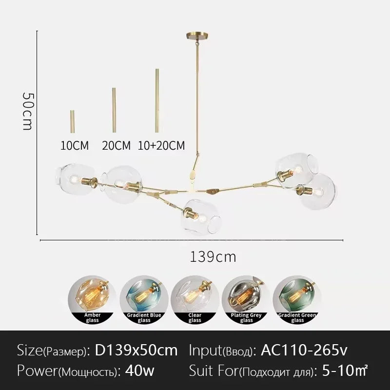 Italy Designer LED Modern Pendant Lights Branching Ceiling Lamp Chandelier Glass Lampshade Suspension Lighting Kitchen Dining