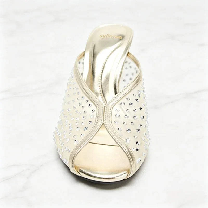 Luxury Rhinestone Detail Mules Sandals Women Sexy Peep Toe High Heel Slippers for Ladies Elegant Banquet Shoes Summer Mesh Shoes