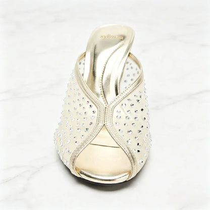 Luxury Rhinestone Detail Mules Sandals Women Sexy Peep Toe High Heel Slippers for Ladies Elegant Banquet Shoes Summer Mesh Shoes