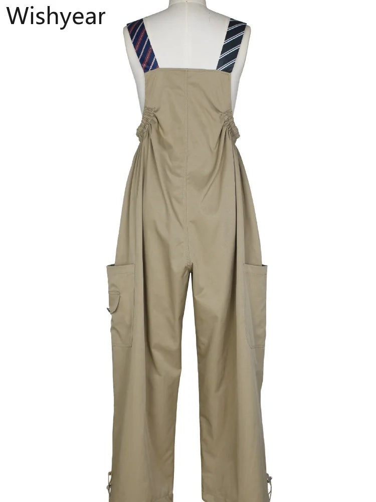 Women’s Overalls Jumpsuit Long Sleeve Shirt Style Patchwork Tie Detail Wide Leg Cargo Pants Casual Office Work Party Streetwear