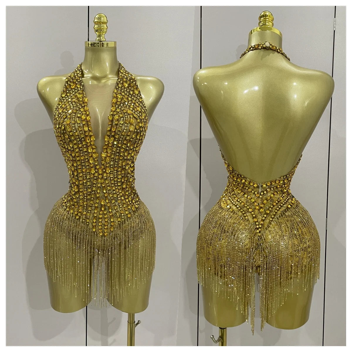 Luxury Golden Rhinestone Sexy Mesh Stretch Bodysuits Women Birthday Dancer Performance Stage Wear Nightclub Team Hotwife Outfit