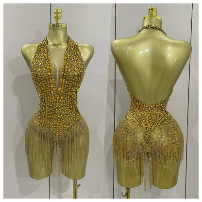 Luxury Golden Rhinestone Sexy Mesh Stretch Bodysuits Women Birthday Dancer Performance Stage Wear Nightclub Team Hotwife Outfit