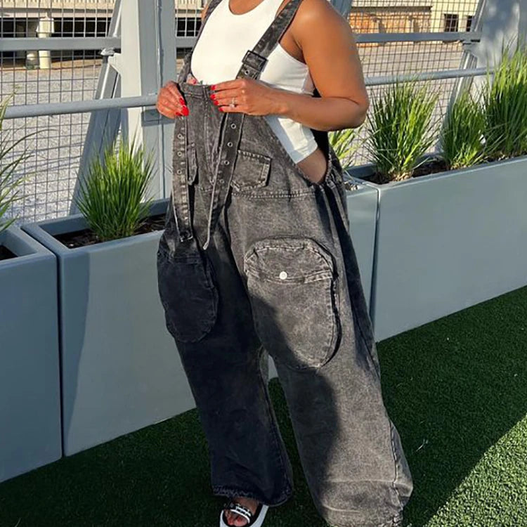 Denim Jumpsuits Women One Piece Pants Sleeveless V Neck Pockets High Waist Straight Pant Casual Rompers Overalls Spring Summer