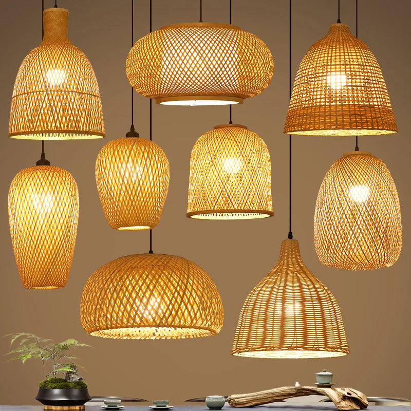 2025 Newest Bamboo Pendant Lamps Ceiling Lights Rattan Wicker Lustre Hand Knit Braiding Suspended Home Dining Braided Decor Hot
