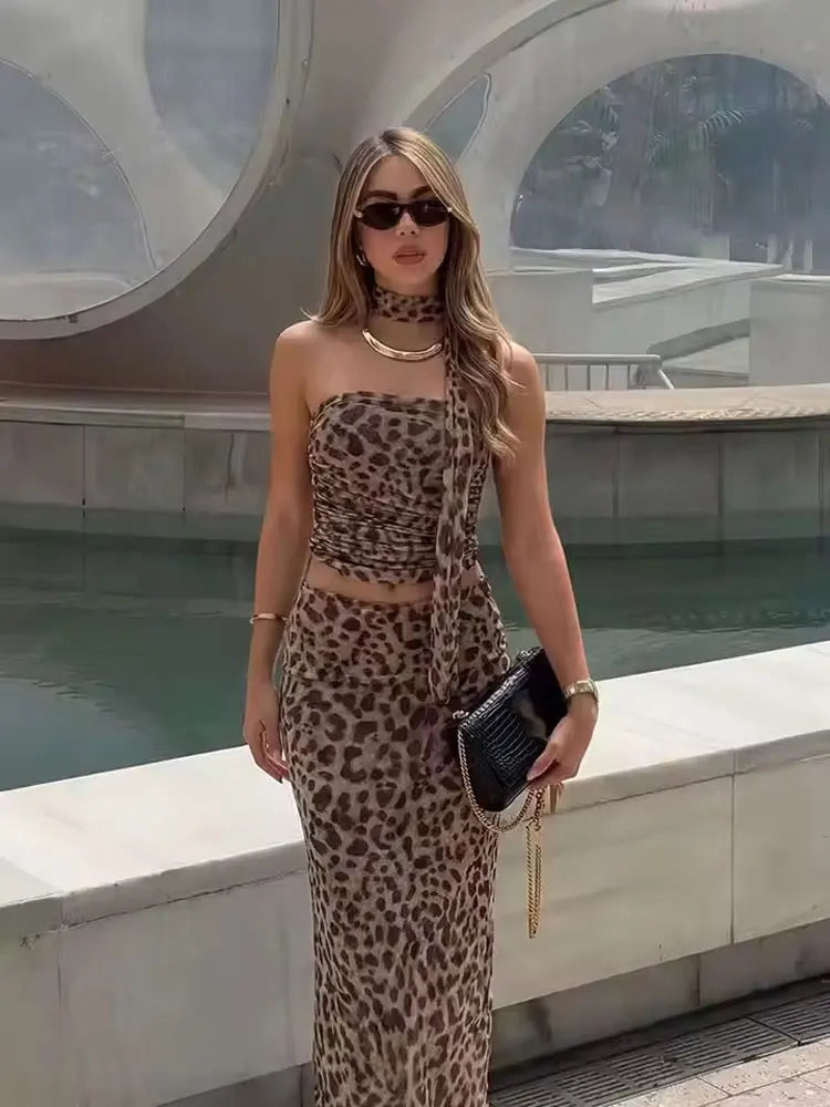 HH Women Leopard Print 2 Piece Outfit Midi Skirt Suit Sexy Summer Backless Strapless Crop Top Fashion Elegant Beach Party Sets
