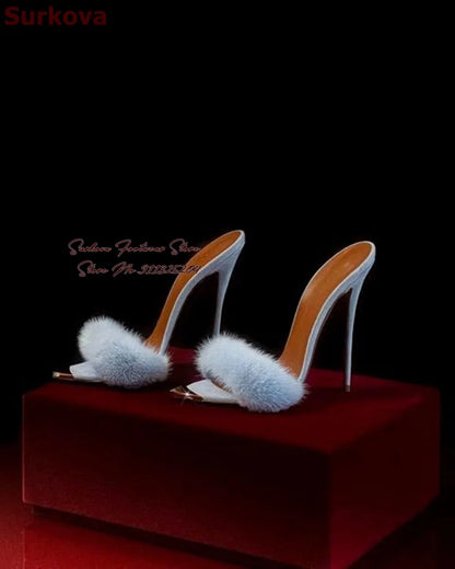 Surkova Sky Blue Black Luxury Fur Embellished Sandals Suede Thin High Heel Slippers Steel Tip Toe Slip-on Evening Shoes Size46