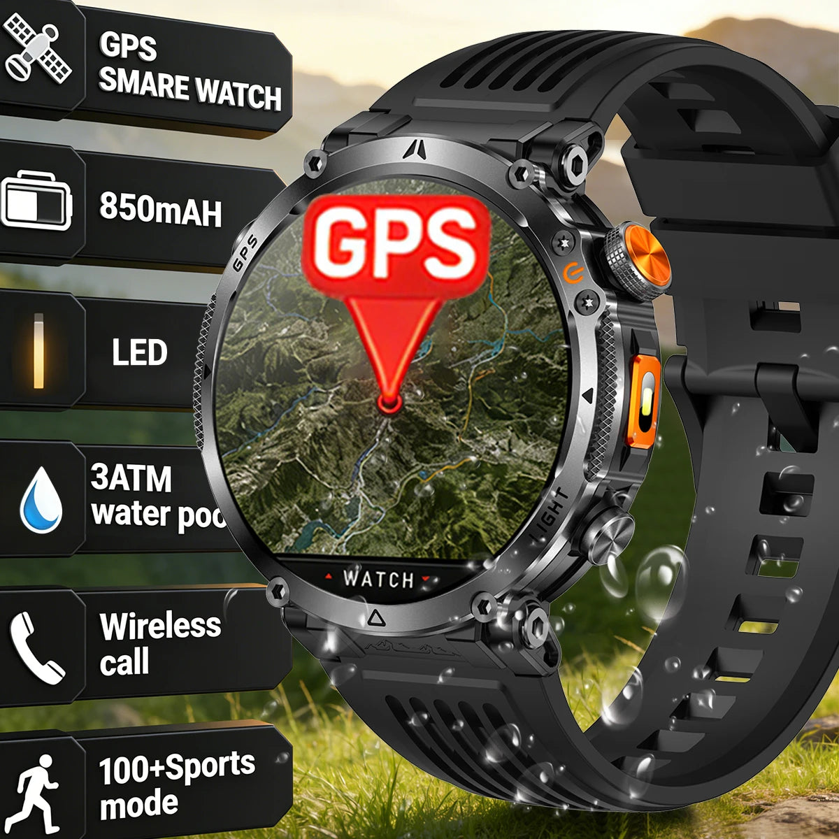 COANR2026 New Military Smart Watch 850mAh Battery GPS trace Compass 3ATM Waterproof Tactics Sport Flashlight call SmartWatch Men