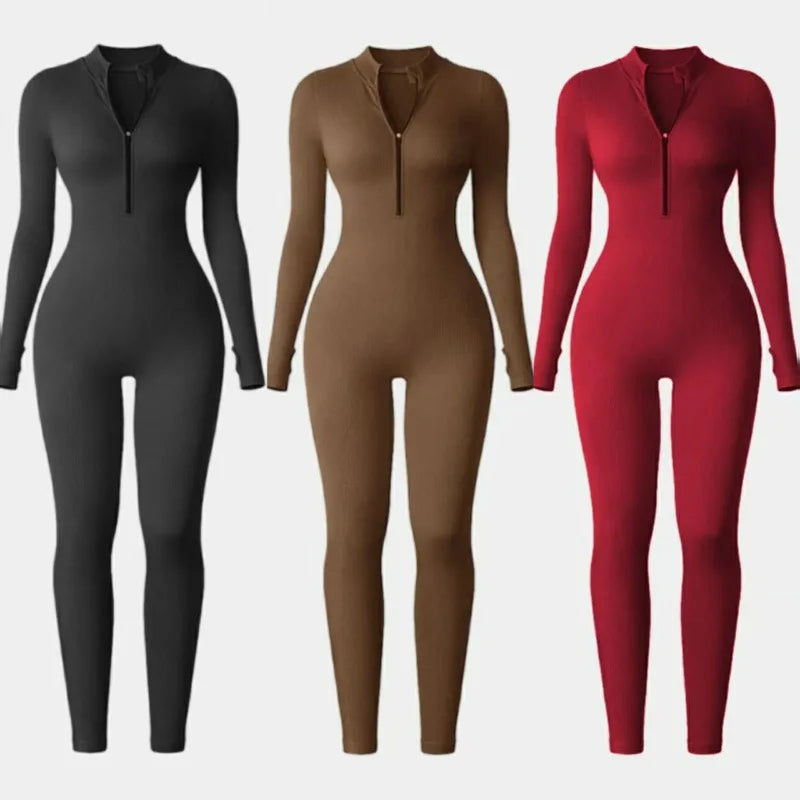 Screw Zipper Long Sleeve Jumpsuit Woman Slim Gym Workout Running Yoga Jumpsuits Women V Neck Tight Sports Fitness Clothes