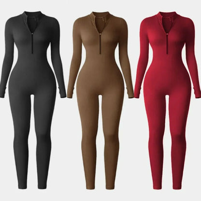 Screw Zipper Long Sleeve Jumpsuit Woman Slim Gym Workout Running Yoga Jumpsuits Women V Neck Tight Sports Fitness Clothes
