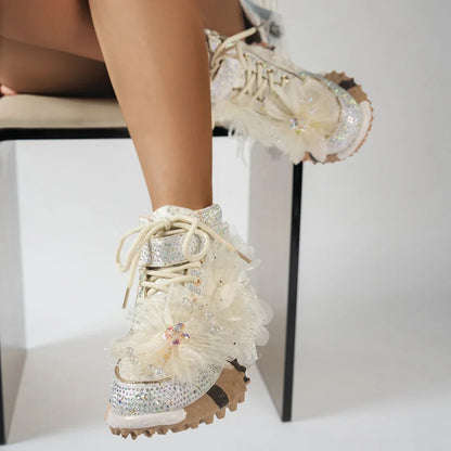 Women's Rhinestones High Top Luxury Sports Shoes Sparkling Shoes Lace Up Mesh Water Diamond Fashion Casual Shoes Zapatos Mujer
