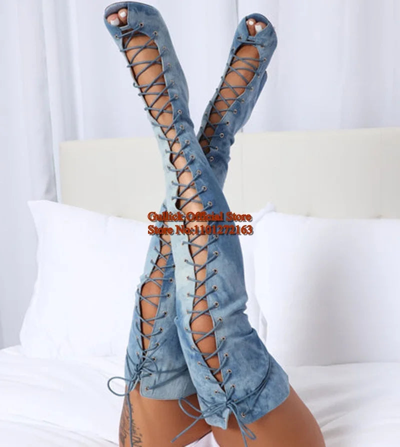 Blue Denim Peep toe Thigh High Boots Bandage Tie Jeans Over The Knee Boots Thin Heels Hollow Women Runway Dress Shoes Size10